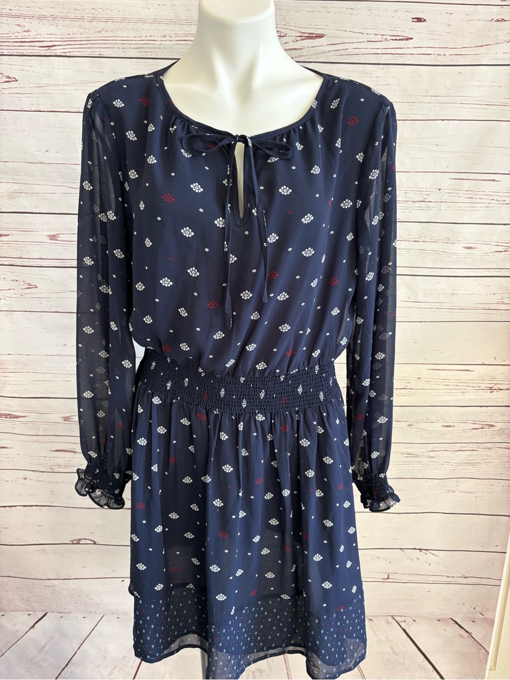 Dip Woman’s Navy Blue Long Sleeve Peasant Dress Semi Sheer Medium Dainty NWT